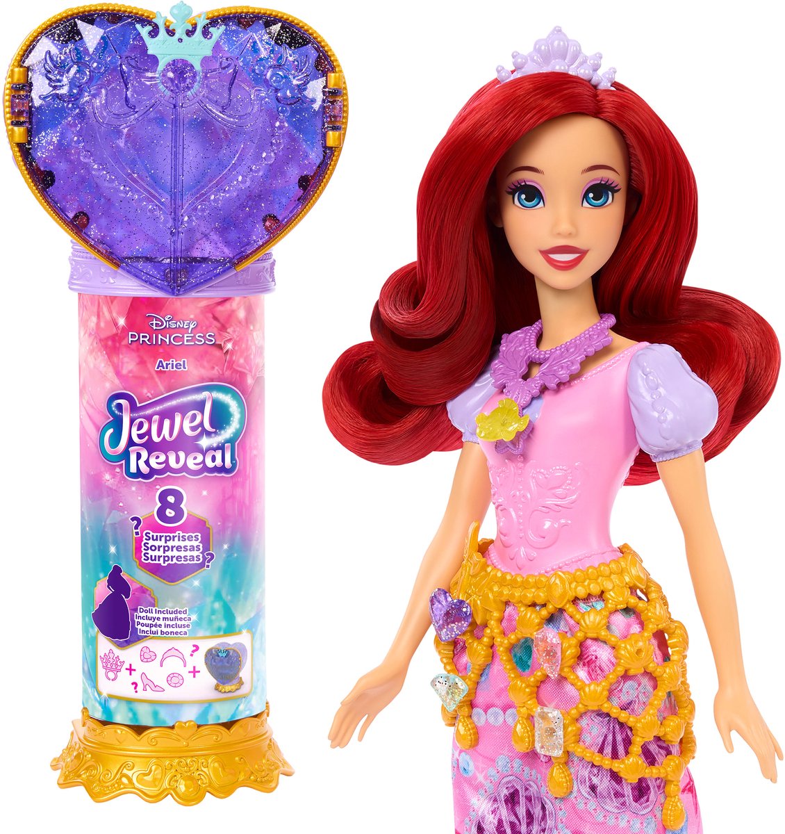 Mattel Disney Princess Jewel Reveal - Poupée mannequin Ariel avec 8 surprises