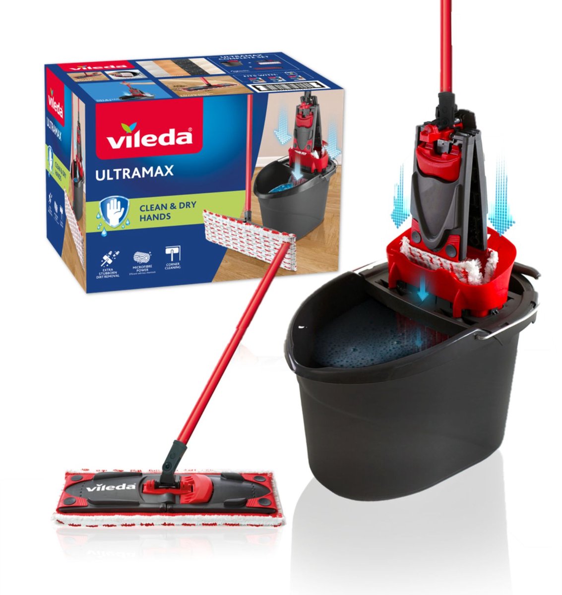 Ensemble complet Vileda ultramax - serpillière plate en microfibre + seau avec presse