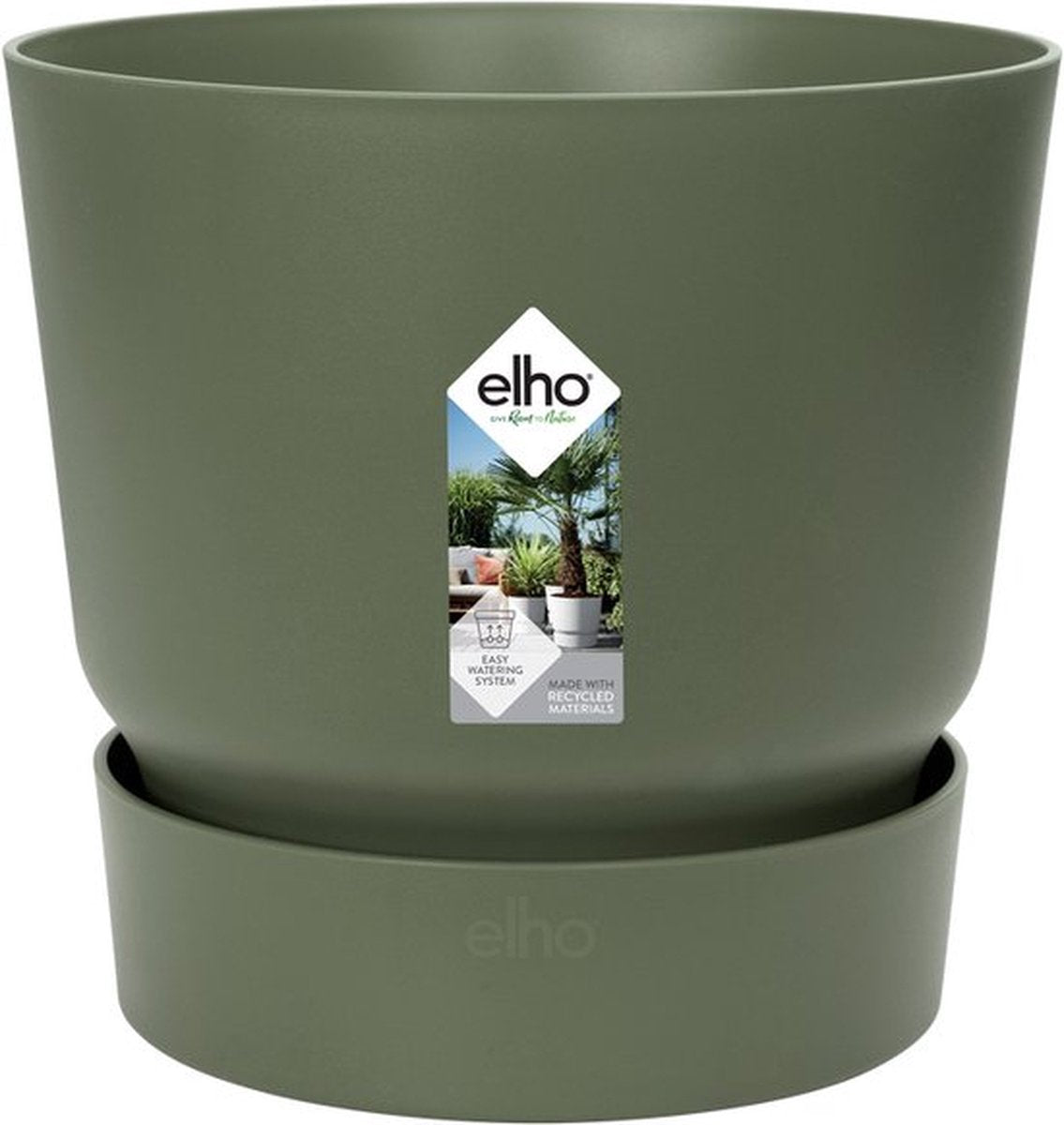 Elho greenville rond 25 - bloempot voor buiten met waterreservoir - 100% gerecycled plastic - ø 24.5 x h 23.3 cm - blad groen