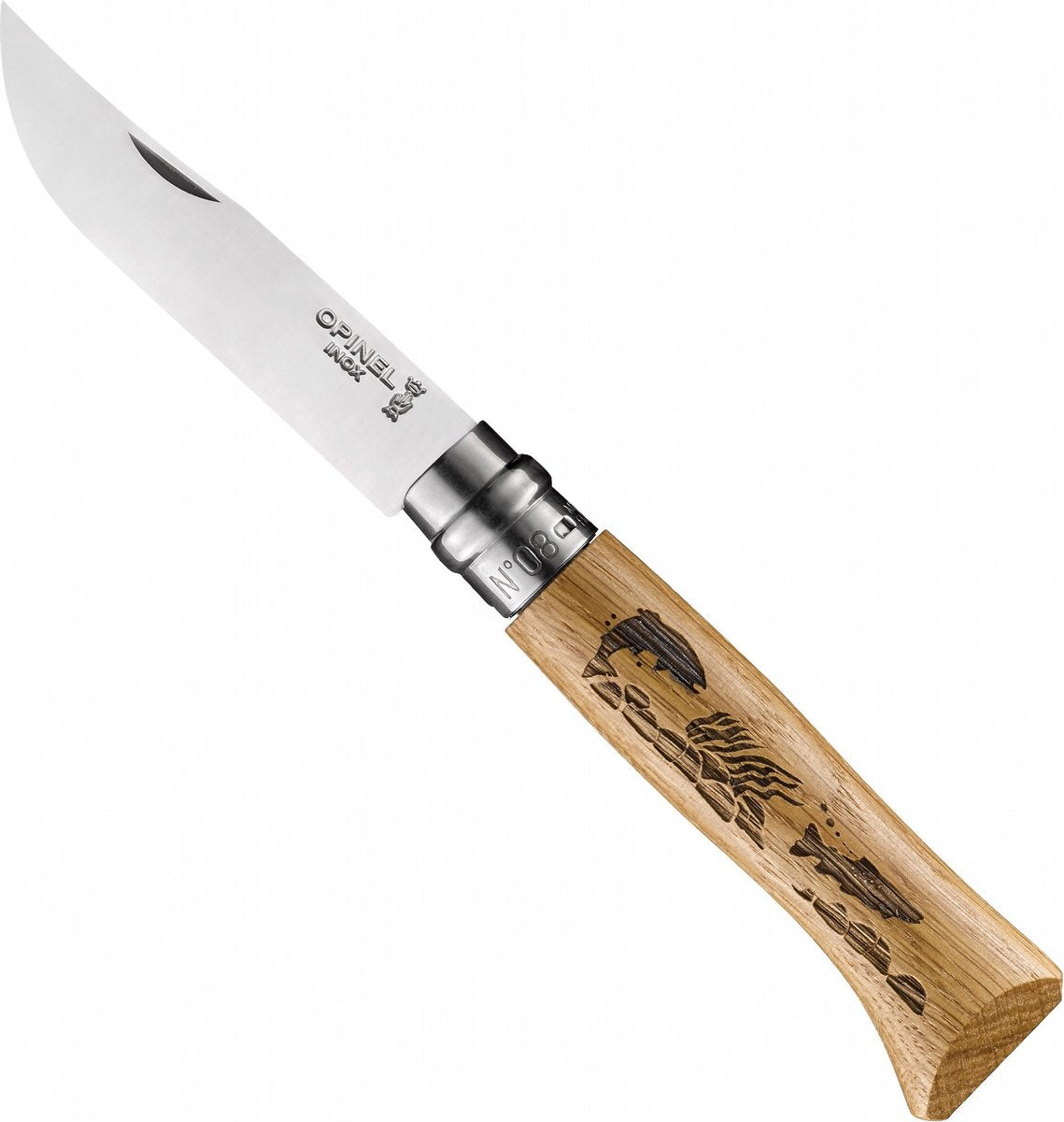 Couteau de poche gravé truite Opinel n°08 acier inoxydable bois