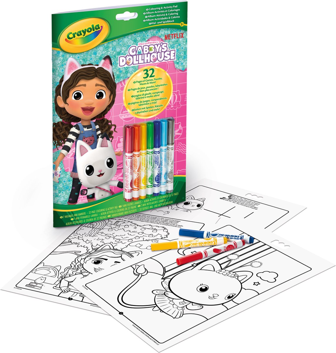 Crayola - livre de coloriage - la maison de poupée de Gabby - 32 pages à colorier et 7 mini feutres lavables