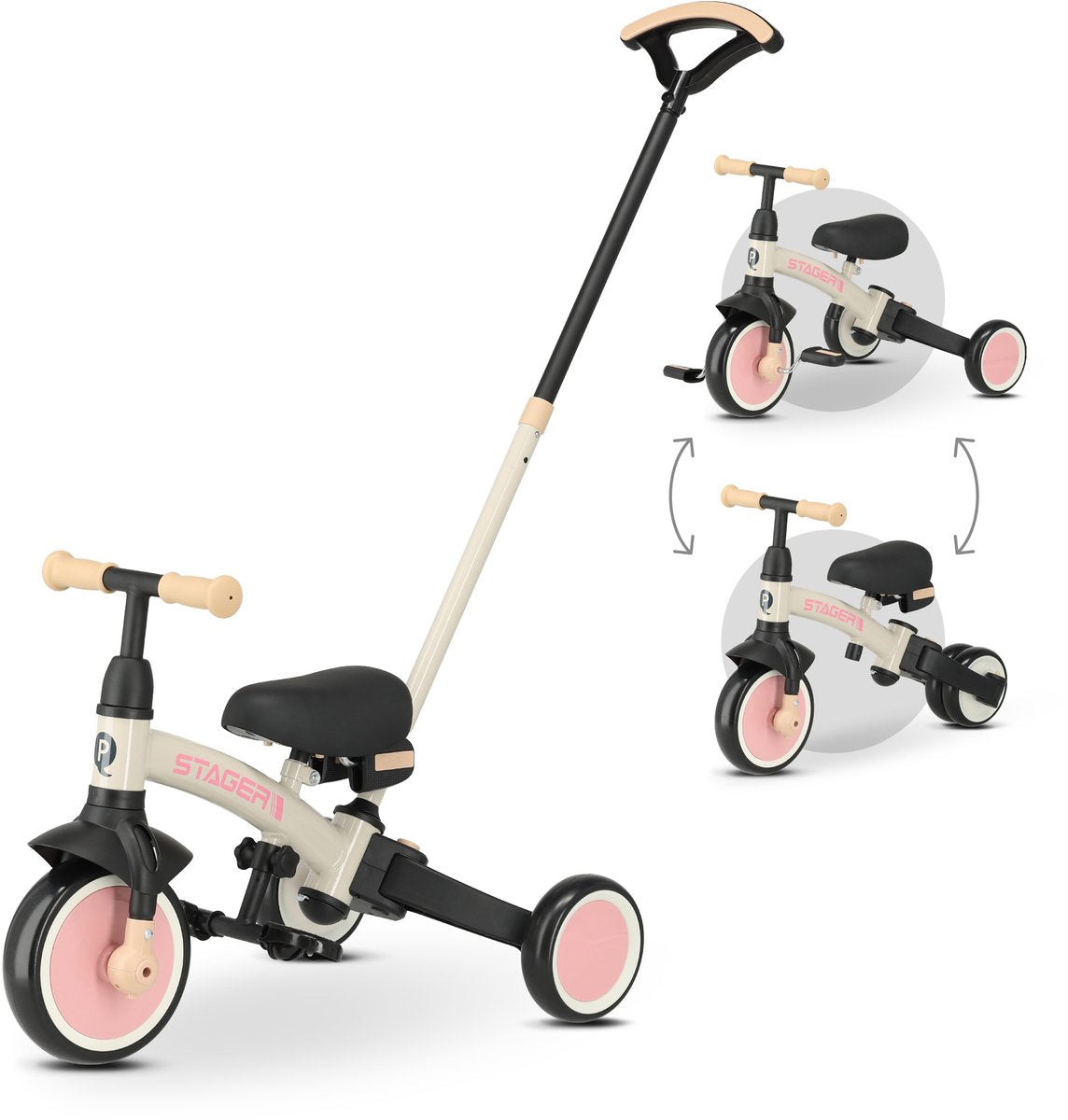 Tricycle Qplay stager avec barre de poussée - vélo pour tout-petits 3 en 1 pliable - rose