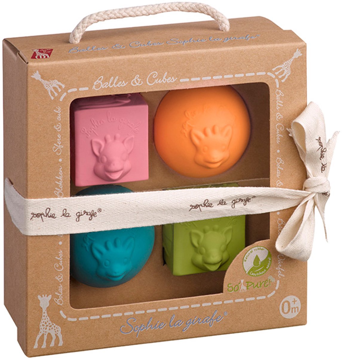 Coffret de jeu so'pure Sophie la girafe - ensemble blocs et balles - jouets bébé - cadeau maternité - cadeau baby shower - caoutchouc 100% naturel - à partir de 3 mois - rose orange bleu vert