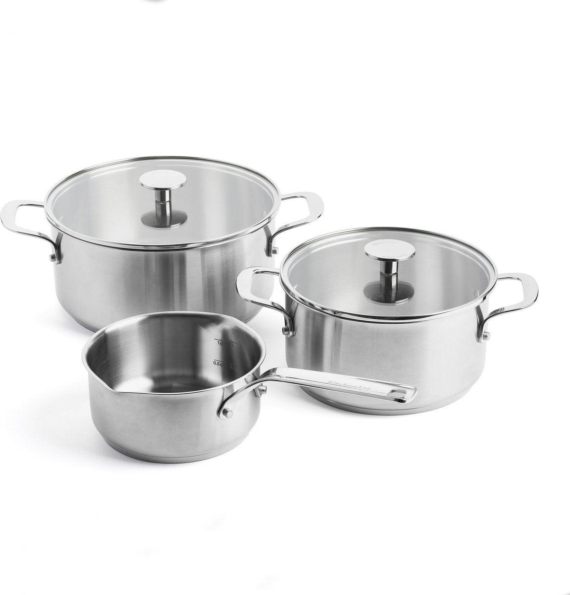 Kitchenaid ensemble de casseroles en acier inoxydable 5 pièces - 16 20 24 cm - 1,5 3,1 4,8 l - sans PFAS - ensemble de casseroles en acier inoxydable - ensemble de casseroles à induction - passe au four jusqu'à 220°c - avec couvercle en verre - argent