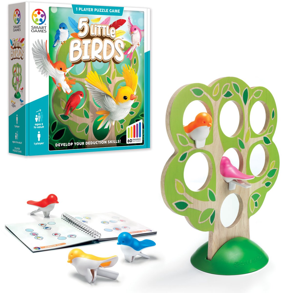 Smartgames 5 petits oiseaux - jeu de réflexion logique en bois - 60 casse-têtes éducatifs - jeu solo pour enfants d'âge préscolaire, primaire - à partir de 5 ans