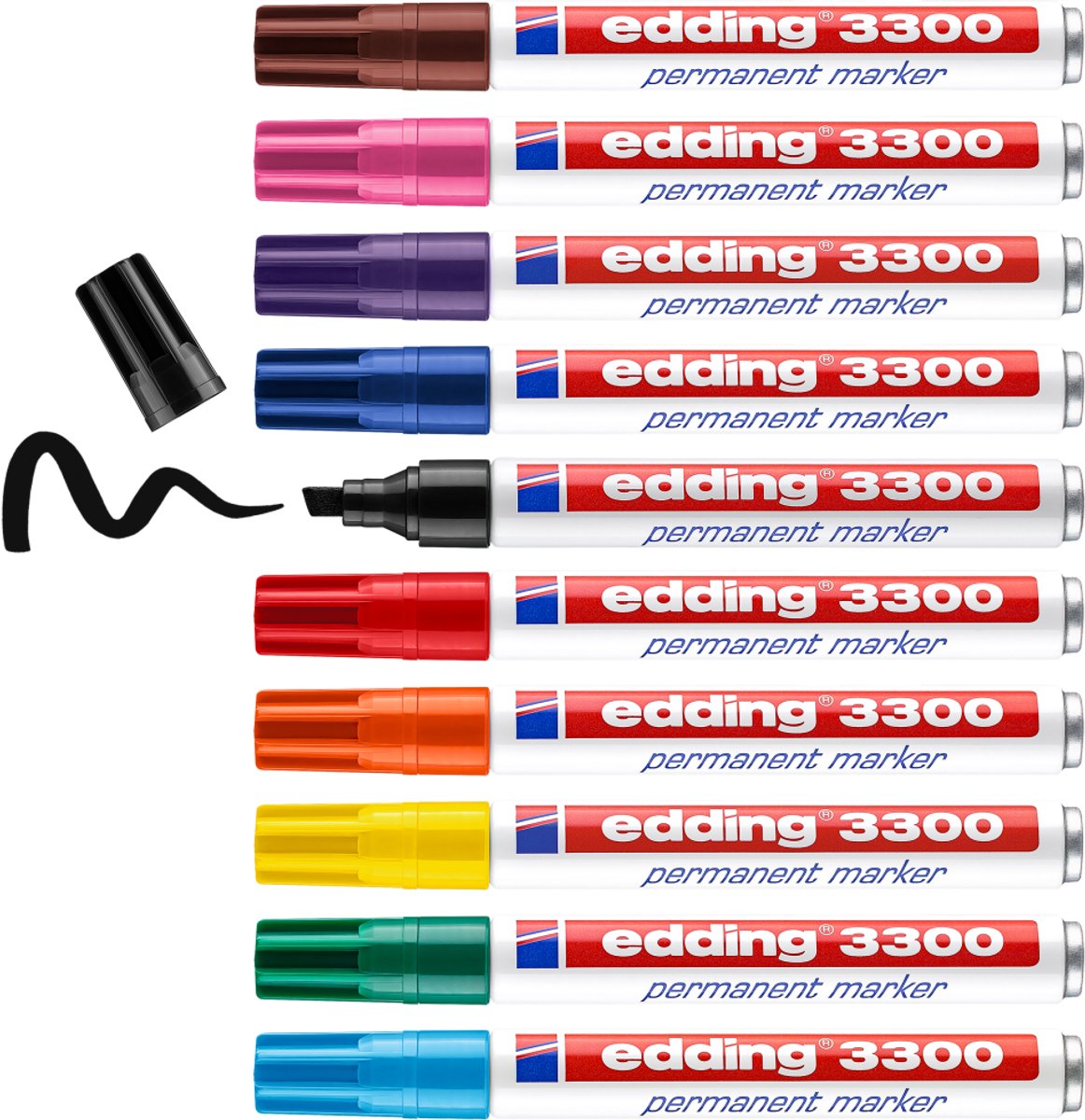 Marqueur permanent Edding 3300 - 10 couleurs - 10 marqueurs - pointe biseautée 1-5 mm - résistant à l'eau et à l'abrasion - pour carton, plastique, bois, métal... - marqueurs à alcool pour adultes