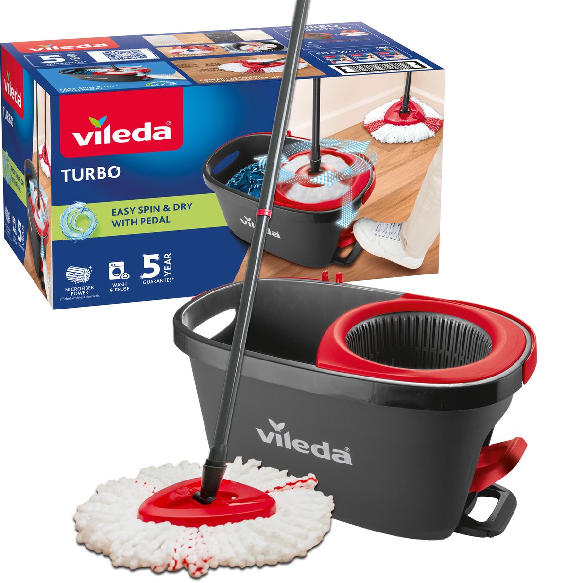 Vileda turbo 2in1 – set complet avec vadrouille et seau avec presse-pédale - vadrouille en microfibre 2en1