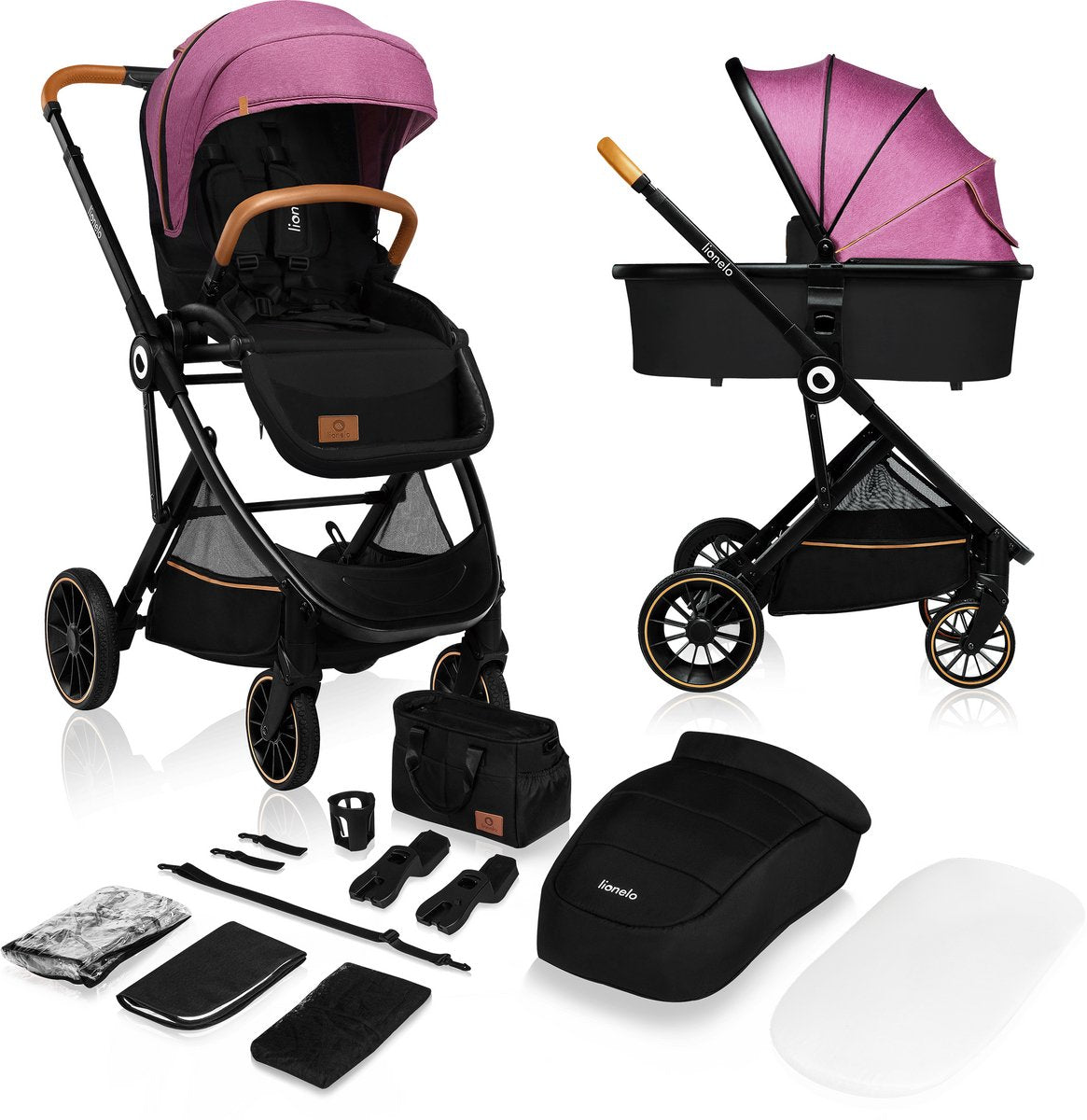 Lionelo Riya - poussette 2 en 1 - berceau + poussette - 0-15kg - pliable - pare-soleil XXL - dossier réglable - grandes roues PU - set d'accessoires - barre de poussée réglable - pour montage arrière