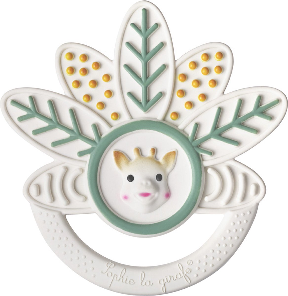 Anneau de dentition feuille Sophie la girafe - collection 5 sens - 100% caoutchouc naturel - jouet de dentition bébé - dès 0 mois - 10x10x1 cm - ok-biosourcé - dans coffret cadeau blanc
