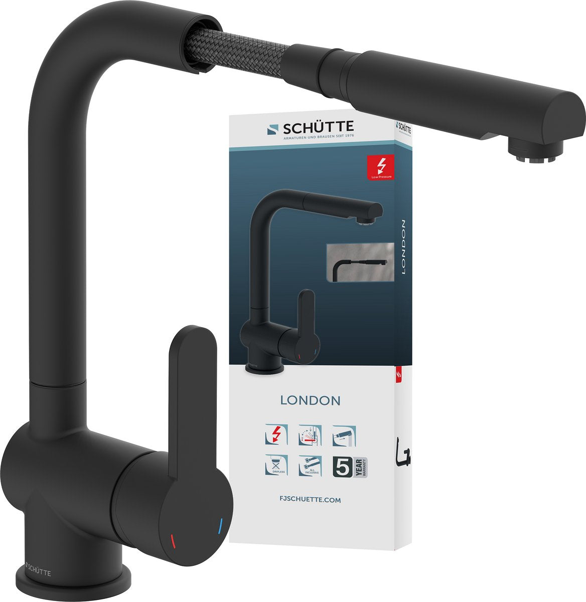Robinet de cuisine design Schütte london pour chauffe-eau avec bec libre - basse pression - mitigeur - bec haut, orientable et extractible - poignée latérale - noir mat