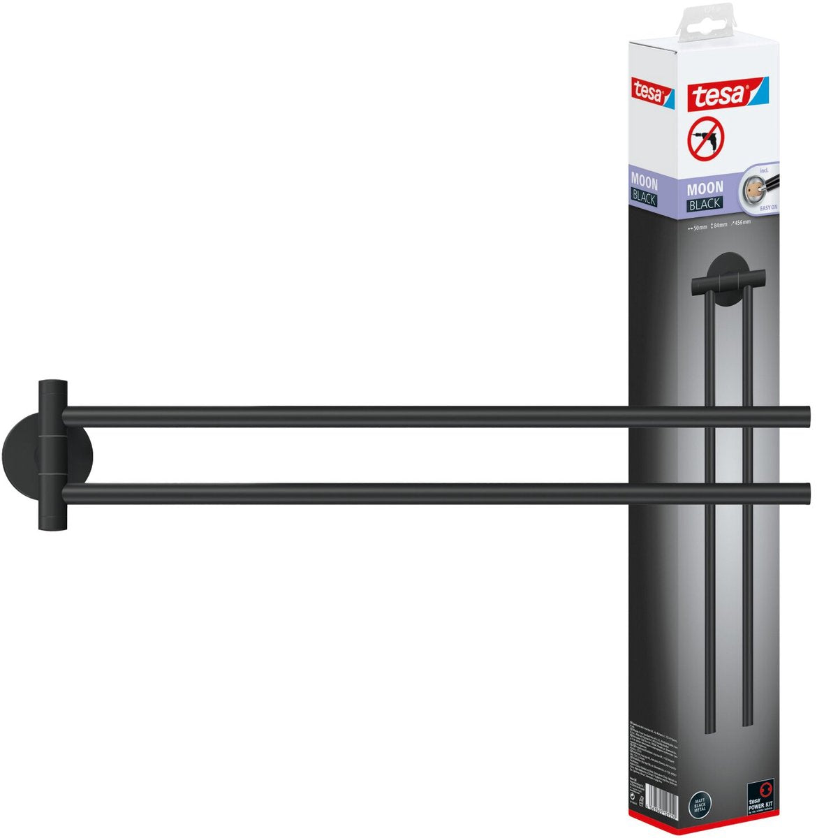 Porte-serviettes Tesa moon noir, 2 barres à serviettes, métal adhésif