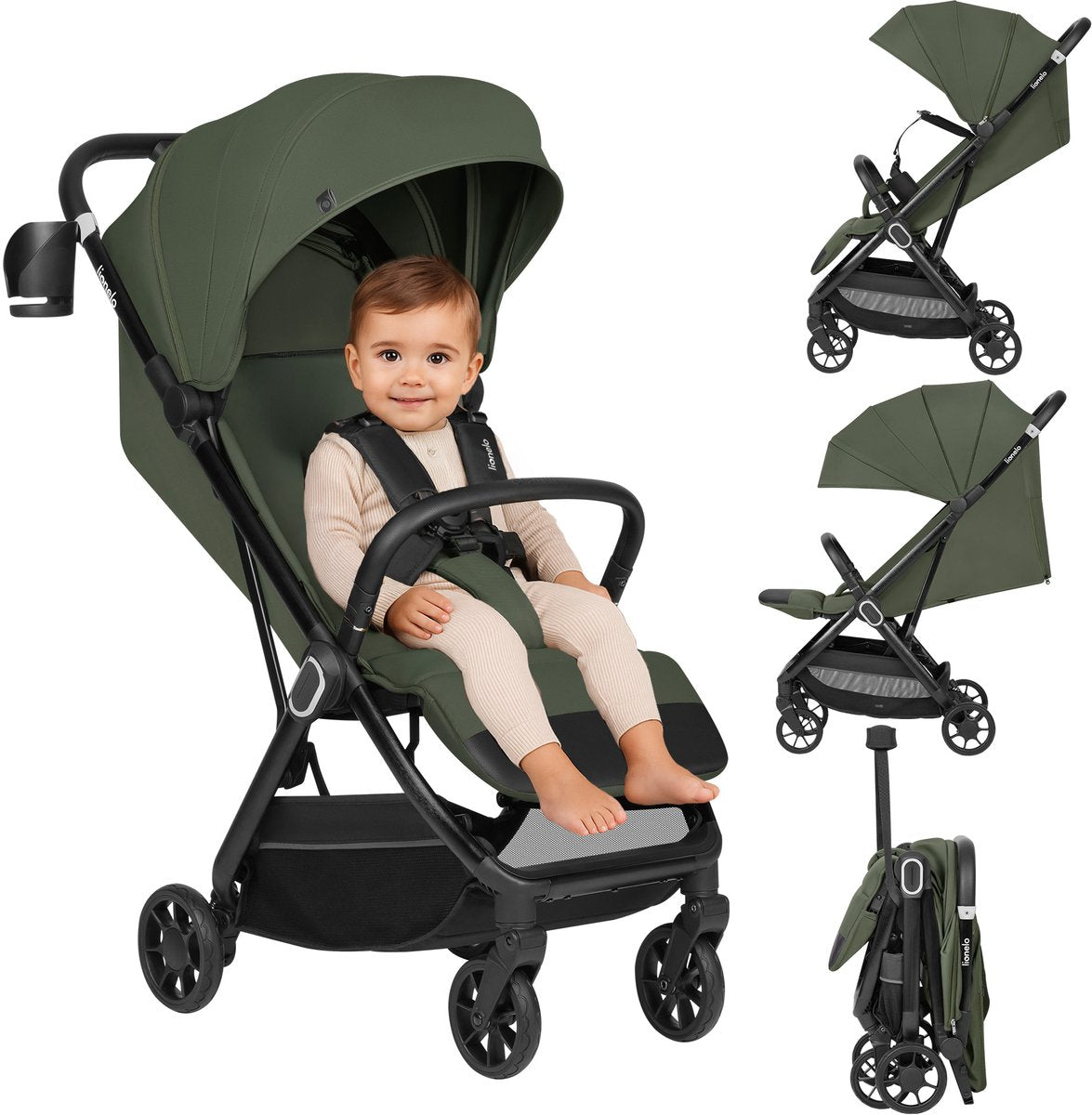 Lionelo Bess Buggy – poussette ultra compacte 6 m – 22 kg – poids léger de 7,5 kg – pliable automatiquement d'une seule main – capote XXL UPF50+ – position couchée 83 cm – ceinture magnétique 5 points – roues suspendues à 360° – facile à voyager