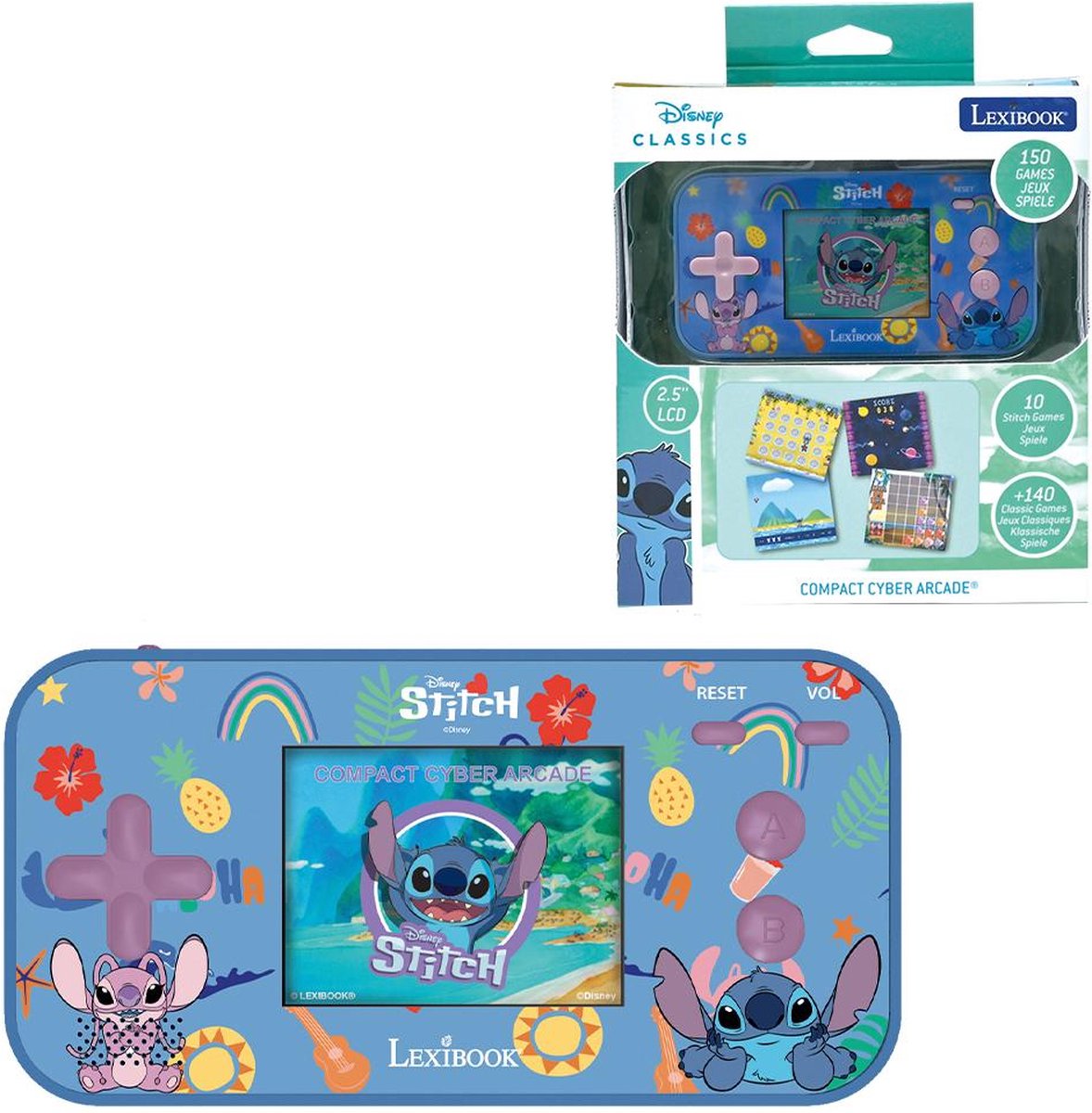 Console de jeu de poche Lexibook Stitch Compact Cyber Arcade® avec écran LCD couleur 2,5'' et 150 jeux dont 10 de l'univers Disney Stitch