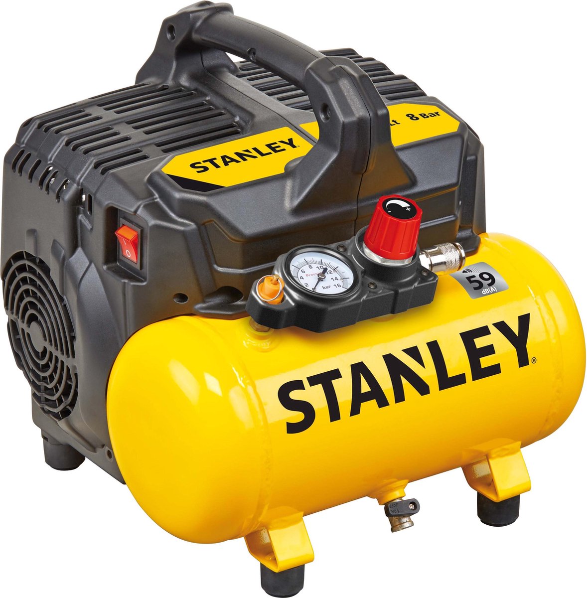 Compresseur silencieux Stanley dst 100 8 6 - compresseur d'air 8bar - pompe à air avec capacité de réservoir 6l - compresseur d'aspiration sans huile 105l min - avec poignée et pieds antidérapants - adapté aux outils pneumatiques