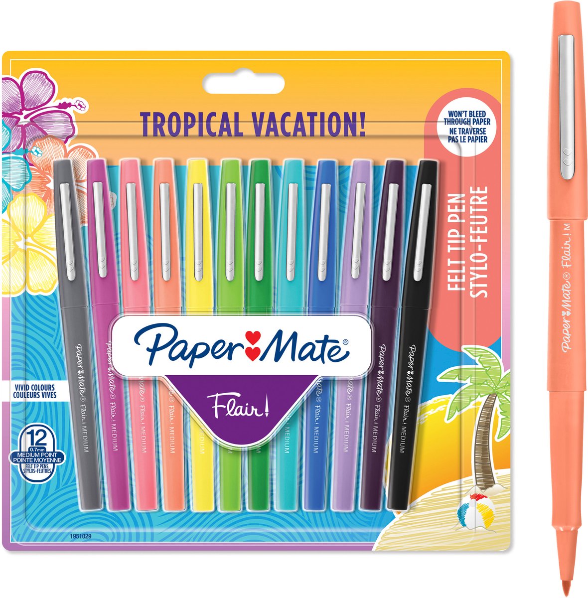 Feutres Paper Mate Flair | pointe moyenne (0,7 mm) | diverses couleurs de vacances tropicales | 12 pièces