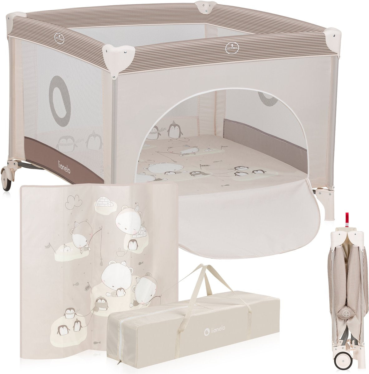 Parc Lionelo Bonnie - lit bébé - jusqu'à 15 kg - parois latérales en maille aérée - aire de jeu spacieuse - système de pliage et pliage rapide - sac de transport fourni