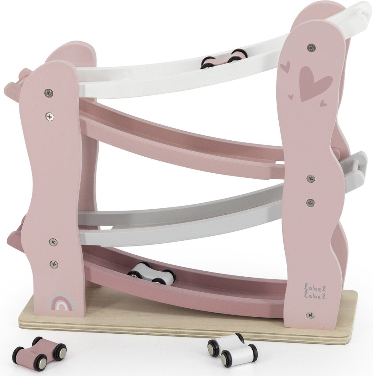 Étiquette label - piste de voiture en bois - rose - bois FSC - comprenant 4 voitures - stimule la motricité - convient aux enfants à partir de 18 mois