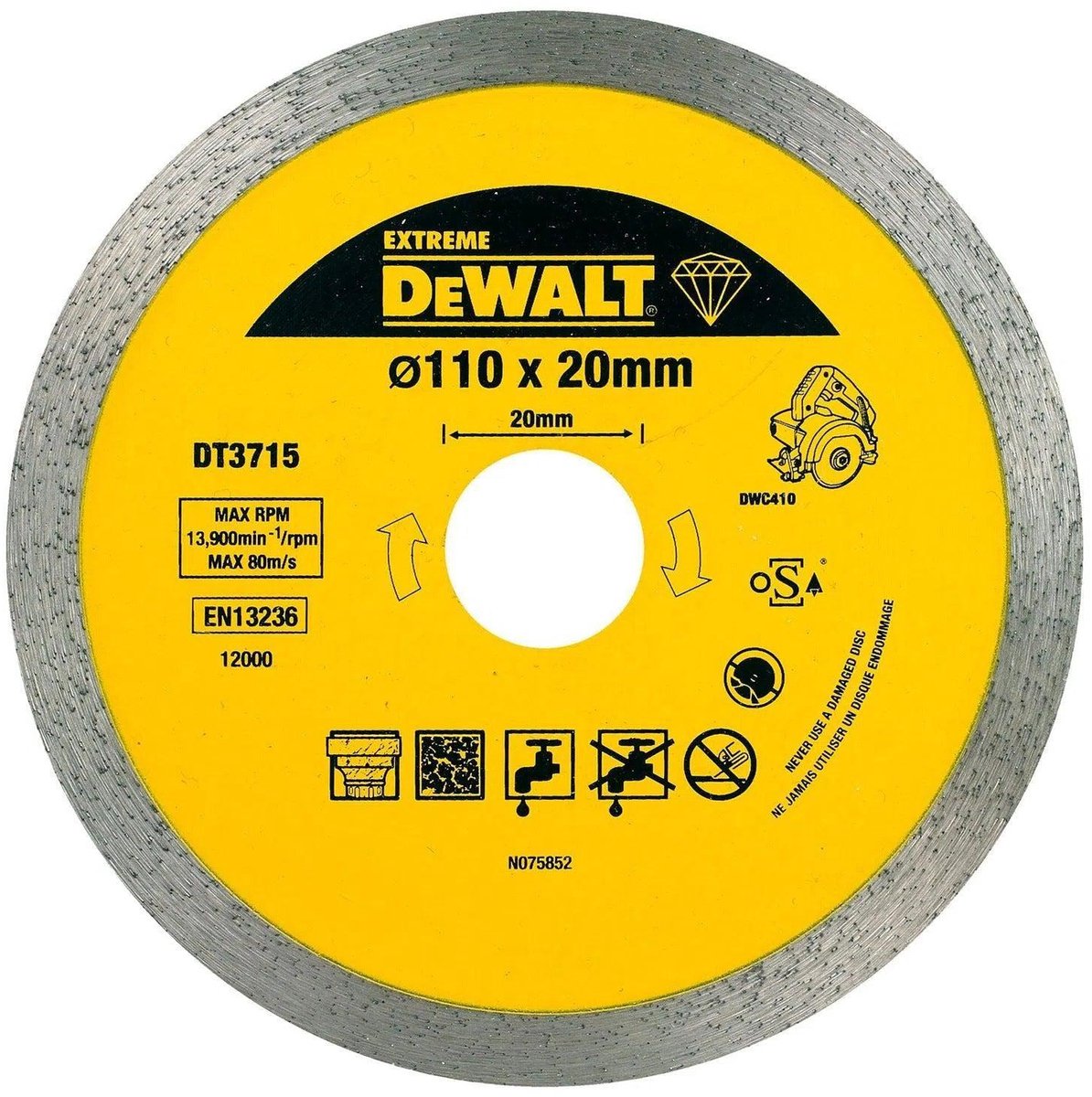 Dewalt extreme series - disque diamanté - 110 mm - pour dwc410 - grès et granit