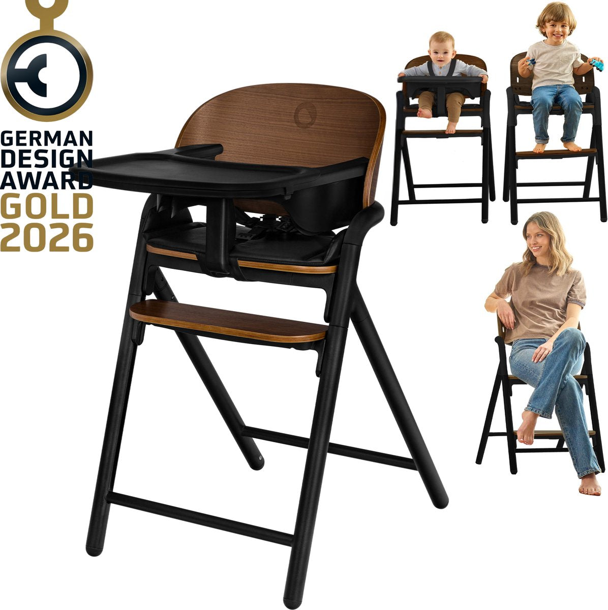 Chaise haute en bois 3 en 1 Lionelo Celia - du bébé à l'adulte - repose-pieds réglable - ceinture 5 points - revêtement en éco-cuir - avec plateau d'alimentation pour bébé - capacité de charge jusqu'à 110 kg