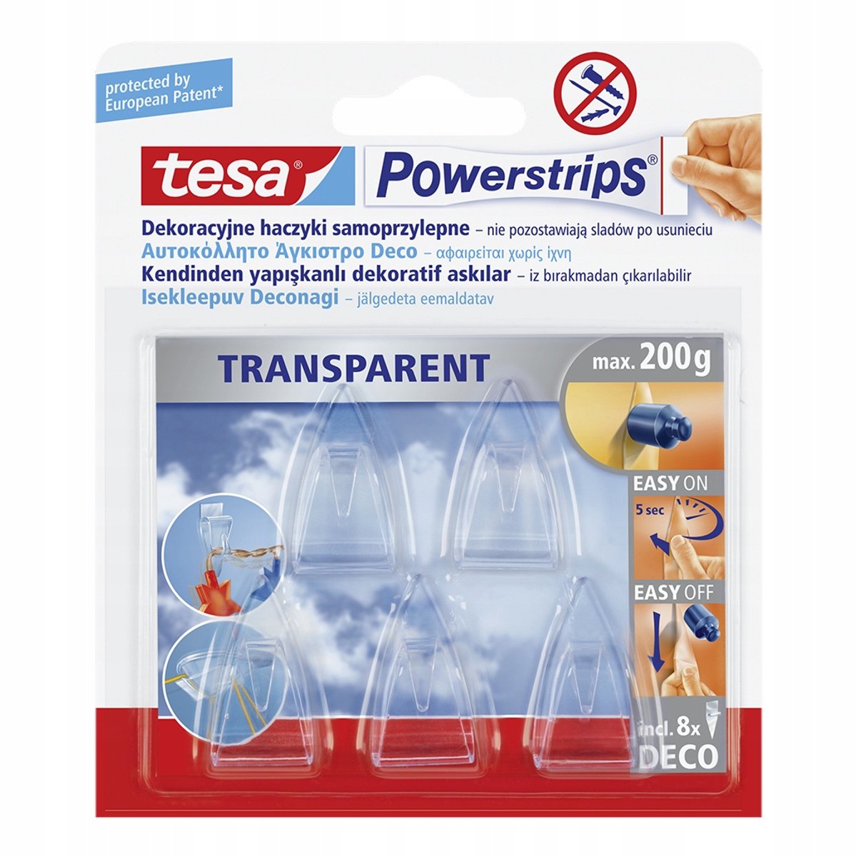 Série Tesa nago déco - crochet autocollant - transparent - pour décorations - 5 pièces