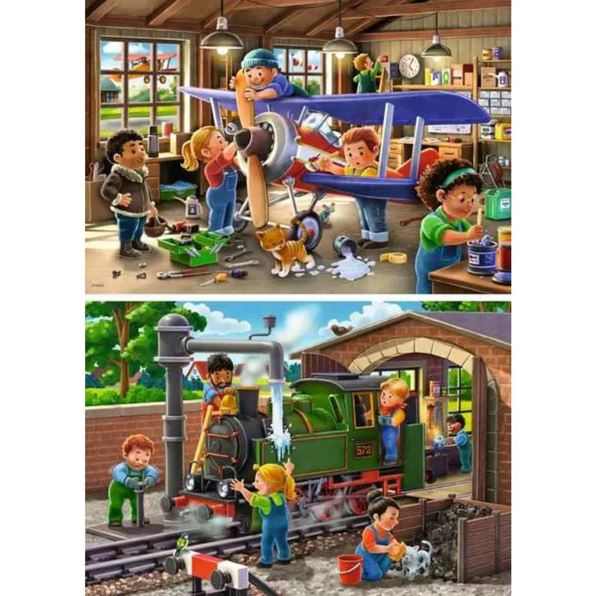 Ravensburger puzzle réparation d'avions et de trains, 2x24pcs.
