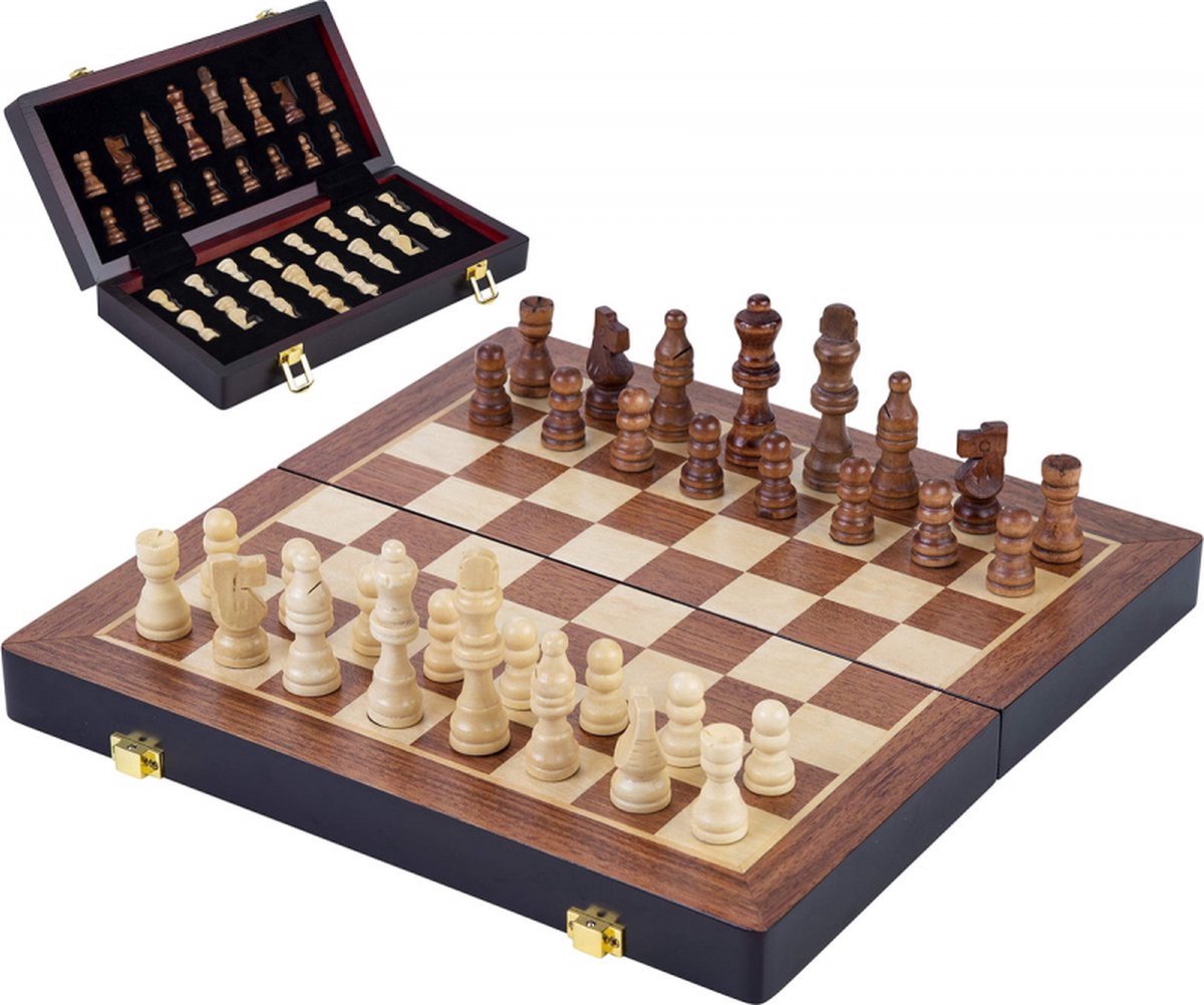 Jeu d'échecs Engelhart Deluxe pliable – Jeu d'échecs en bois de frêne – Échiquier luxueux marron 38 x 38 x 5,8 cm – pliable compact –