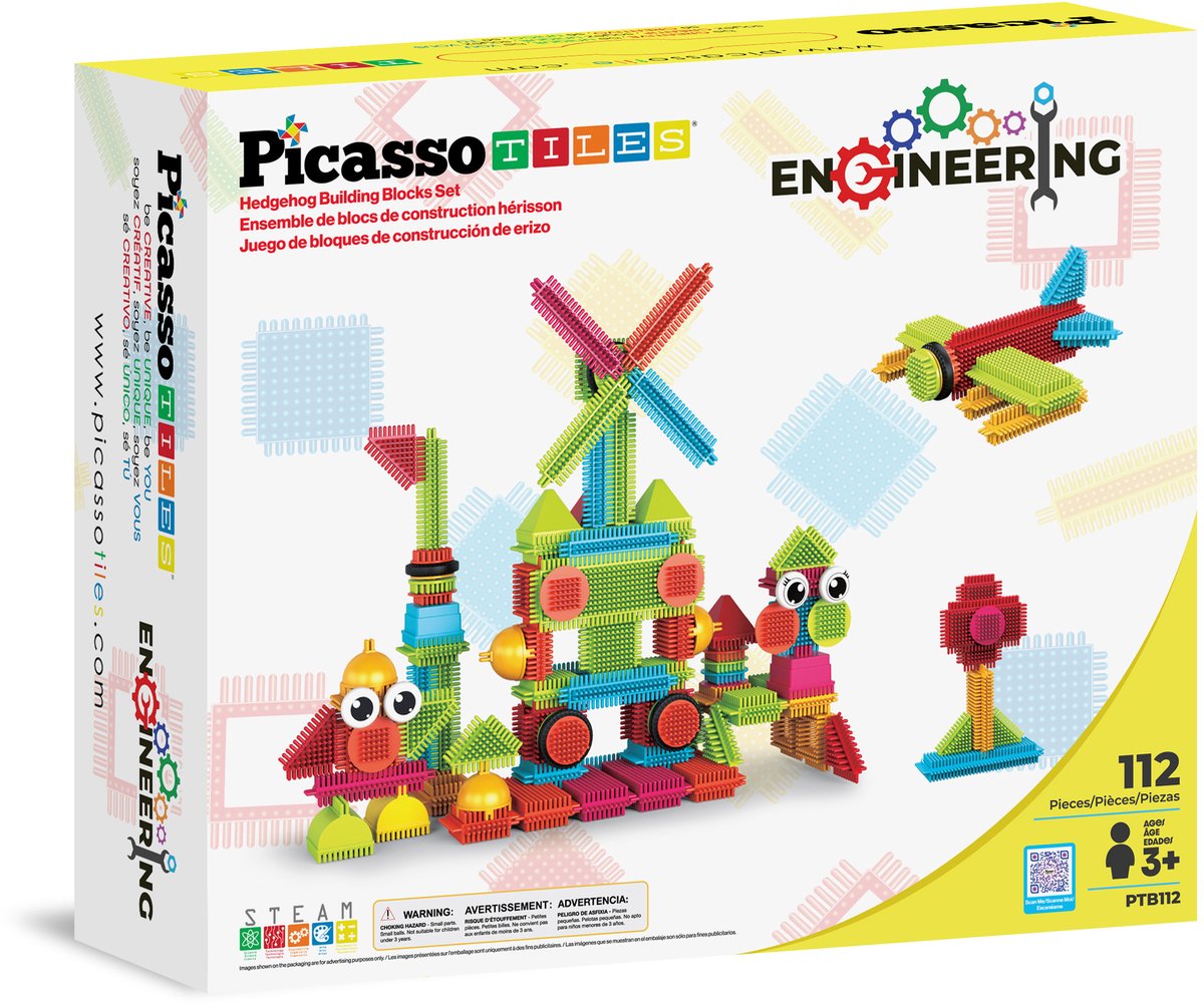 Picassotiles Tuiles Picasso tactiques - jouets de construction - blocs de construction hérisson - jouets de construction - jouets à tige - jouets de construction créatifs - 112 pièces - à partir de 3 ans