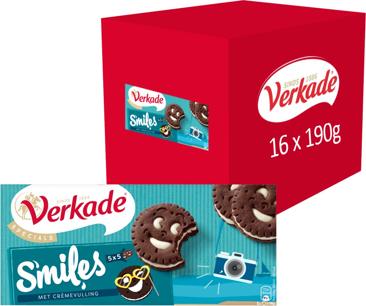 Verkade - cookie - biscuits au cacao sourires - 16 x 190 grammes