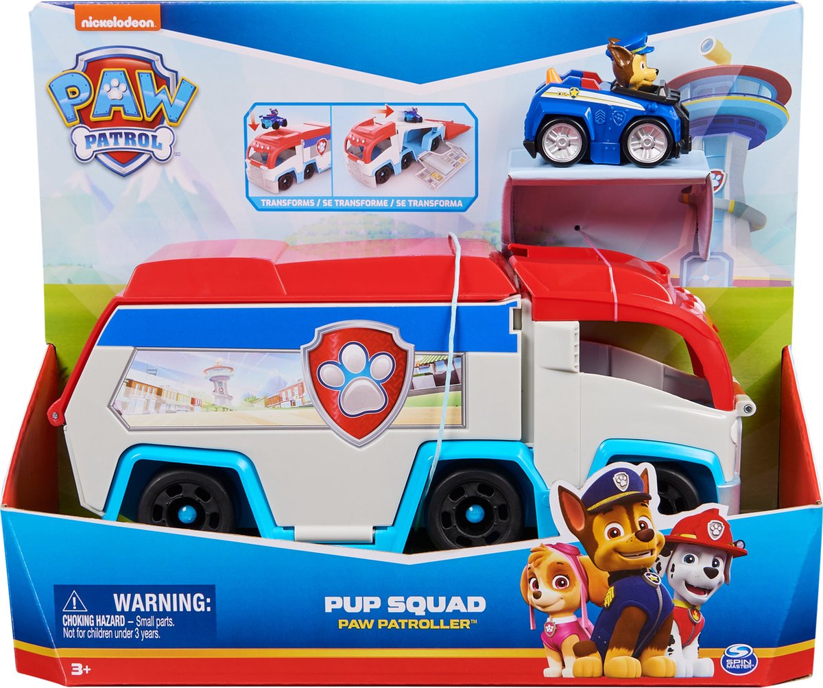 Paw Patrol - Véhicule de l'équipe de patrouilleurs Pup Squad - Voiture jouet avec figurine de poursuite