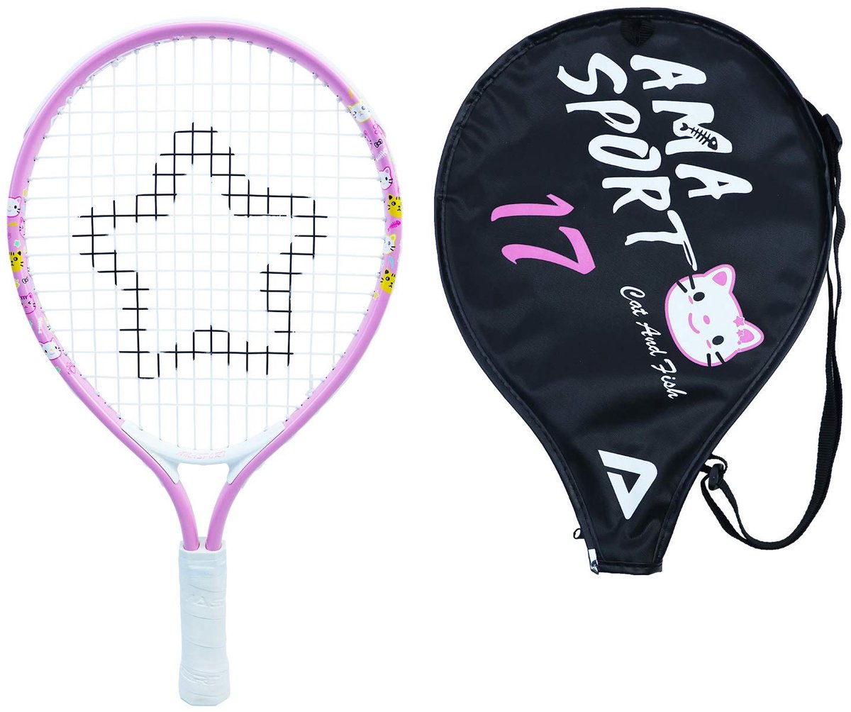 Ama sport raquette de tennis enfant chat rose 17 pouces - raquette junior légère avec sac - idéale pour les débutants -
