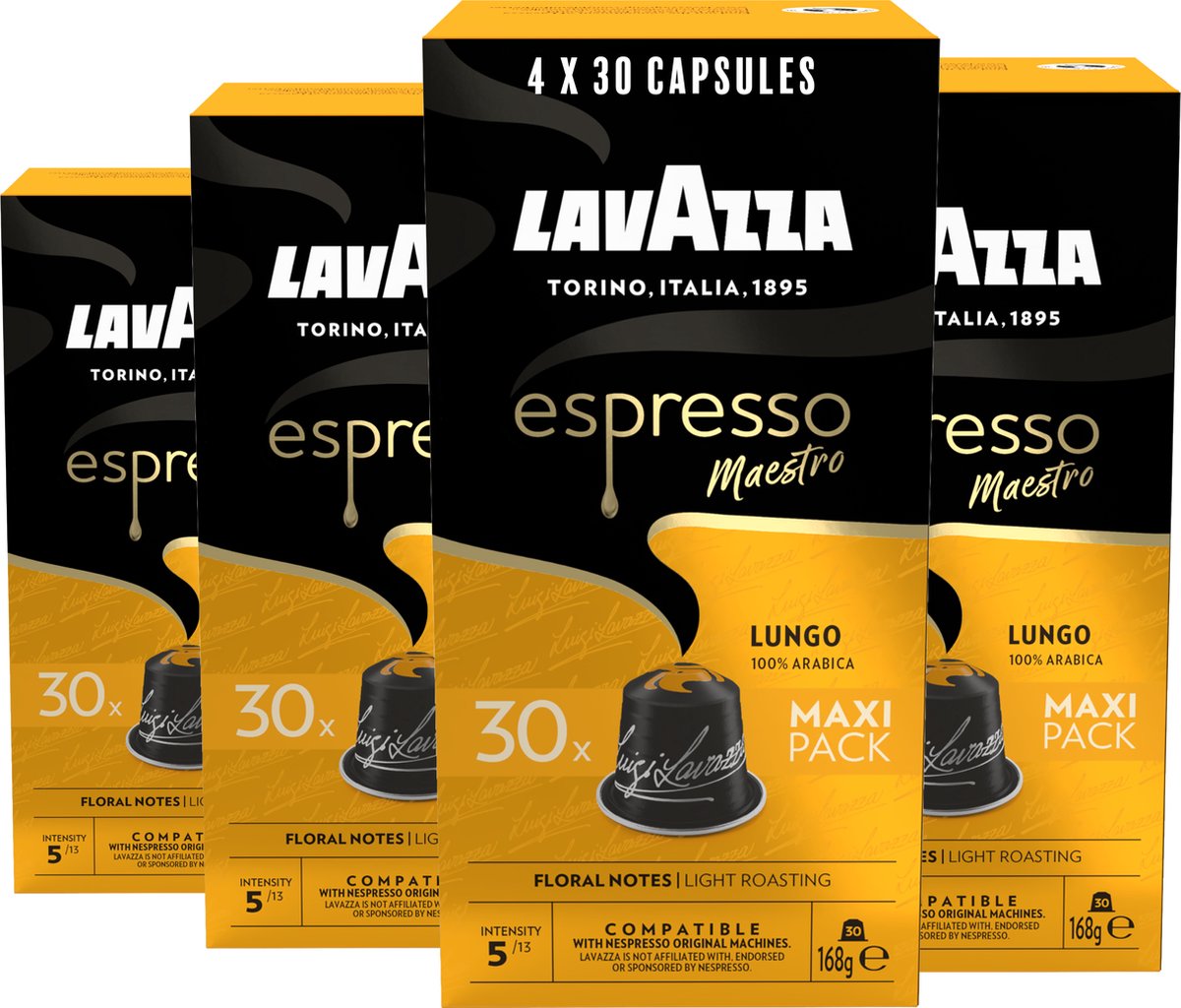 Tasses à café expresso Lungo Lavazza - 120 tasses nespresso - café 100% arabica - intensité : 5 13 - 4 x 30 capsules aluminium