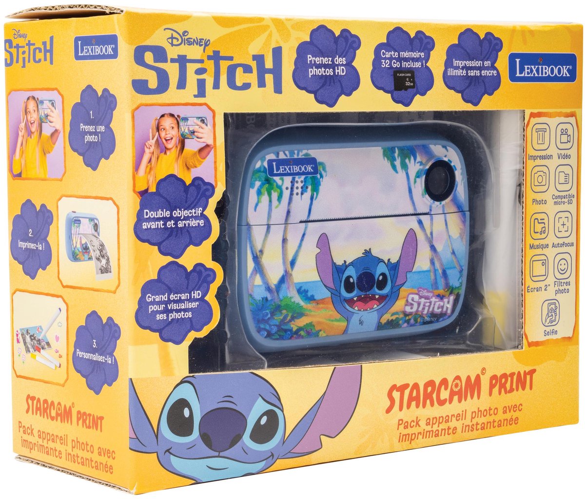 Impression Lexibook Disney Stitch Starcam®, ensemble appareil photo avec imprimante instantanée, carte SD et kit de personnalisation photo