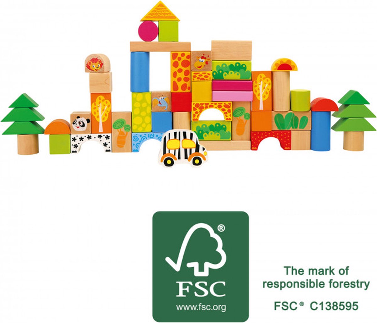 Small foot - blocs de construction de zoo en bois dans un seau de tri, 50 pcs.