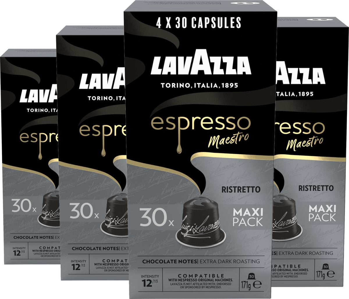 Tasses à café expresso ristretto Lavazza - 120 tasses Nespresso - mélange de café d'arabica Robusta - intensité : 12 13 - 4 x 30 capsules en aluminium