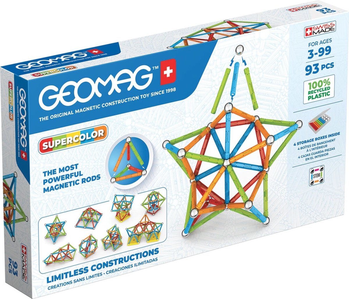 Geomag super color recyclé - jouets de construction magnétiques avec panneaux - 93 pièces - à partir de 3 ans