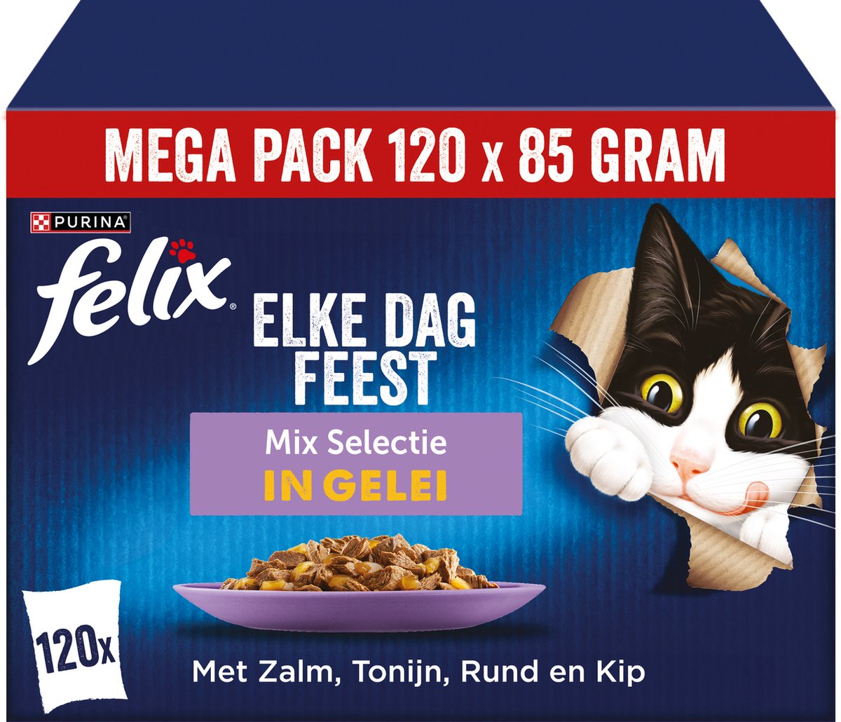 Felix Every Day Party Mix Selection en gelée - Nourriture humide pour chat - Poulet saumon thon bœuf - 120 x 85 g