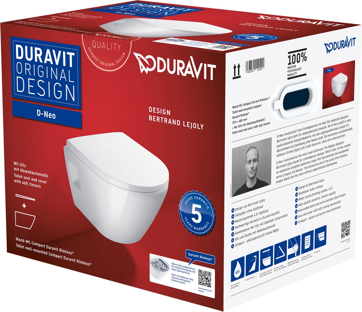 WC suspendu Duravit d-neo avec siège 37x48x40cm blanc brillant