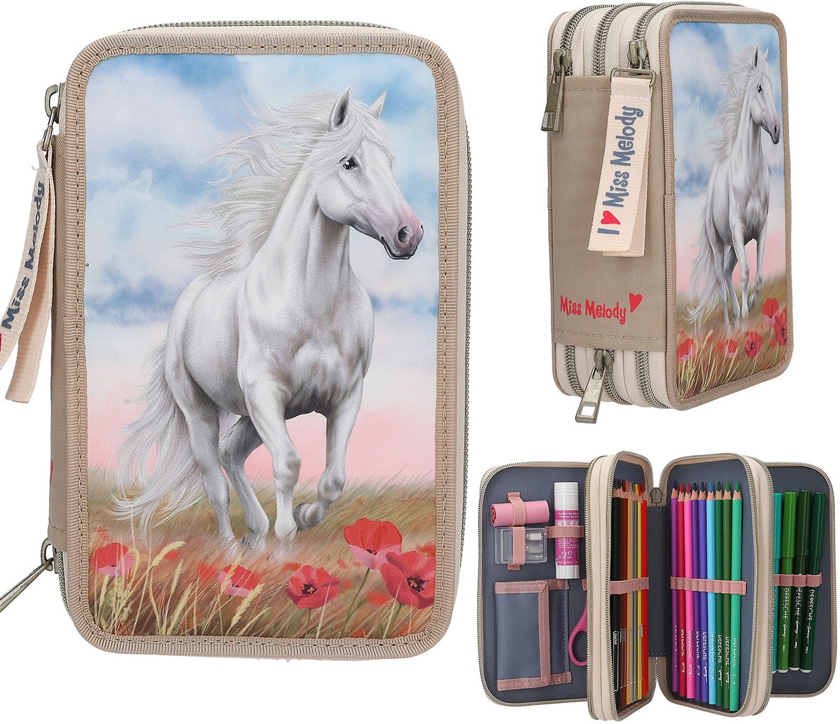 Depesche - trousse à crayons 3 compartiments miss melody - sable coquelicot