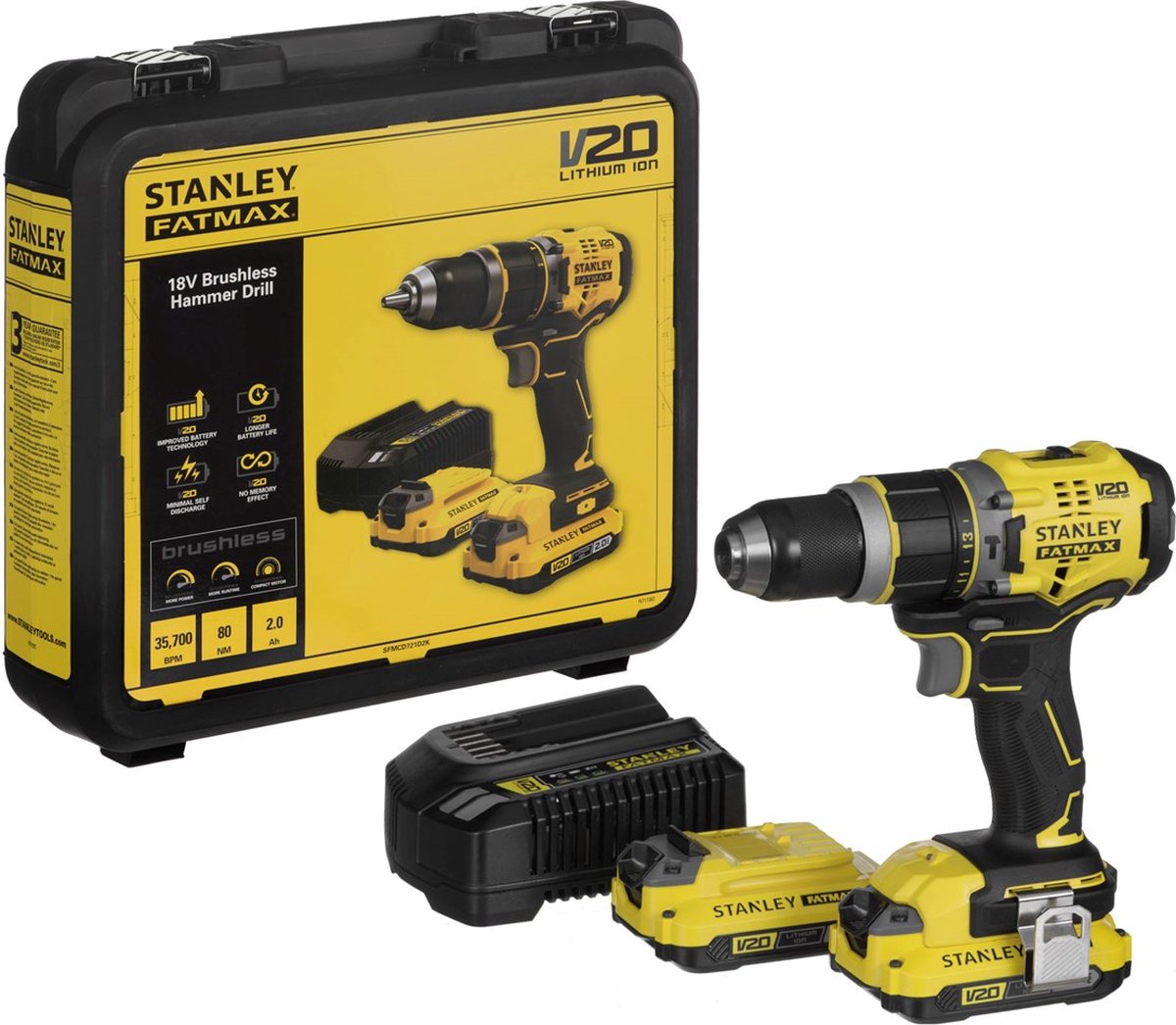 Stanley sfmcd721d2k fatmax® v20 perceuse à percussion sans fil sans balais 18v 2,0ah en étui
