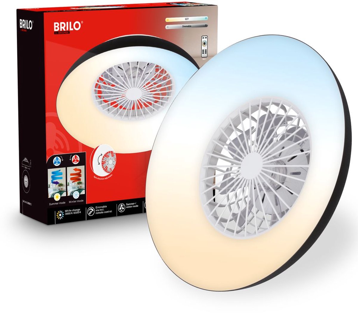 Briloner windora - ventilateur de plafond avec éclairage - plafonnier LED avec ventilateur - dimmable - 5 vitesses - lampe ventilateur mode été et hiver - CCT - ø60 cm - noir