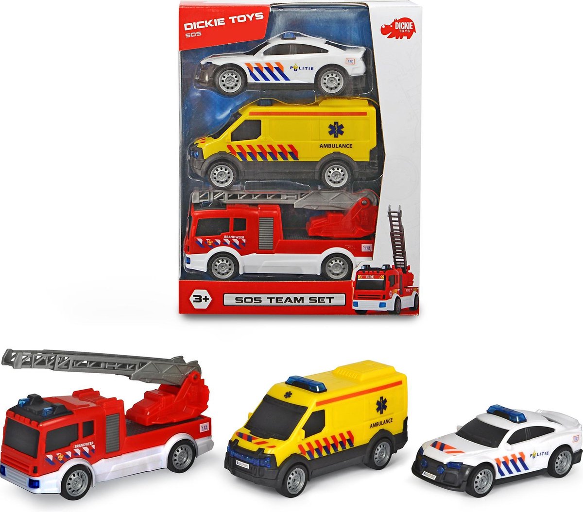 Dickie Toys SOS Team Set Services de secours néerlandais - Police - Pompiers - Ambulance - À partir de 3 ans - Véhicule jouet
