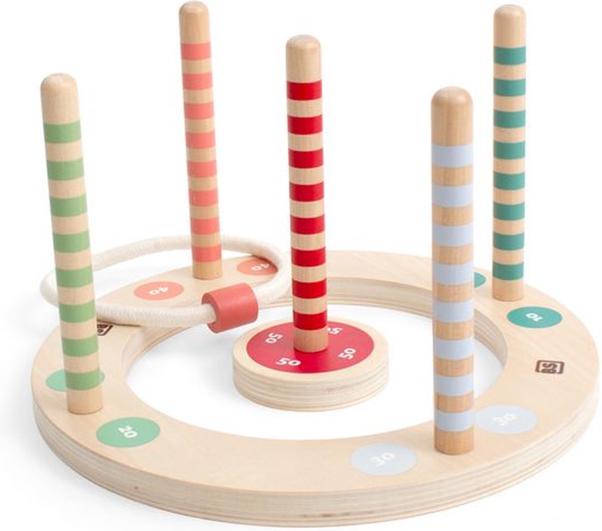 Bs Toys jeu de lancer d'anneaux en bois avec rayures, 7 pièces.