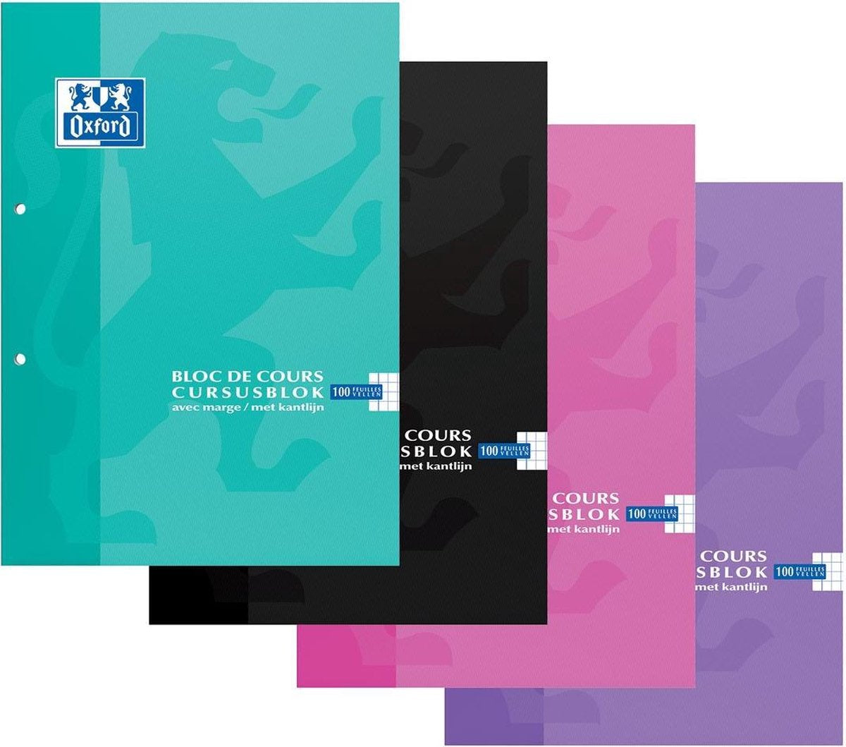 Bloc cours école Oxford a4 carreaux 5mm 2 trous 100 feuilles couverture carton souple assorties