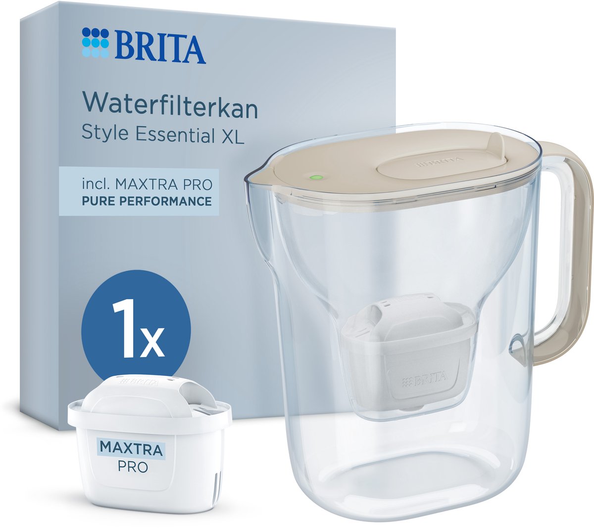 Carafe filtrante Brita style essential xl - 3,6l - sable - incl. 1x maxtra pro pure performance - grande carafe filtrante avec couvercle à charnière LED intelligent, filtre les contaminants plus