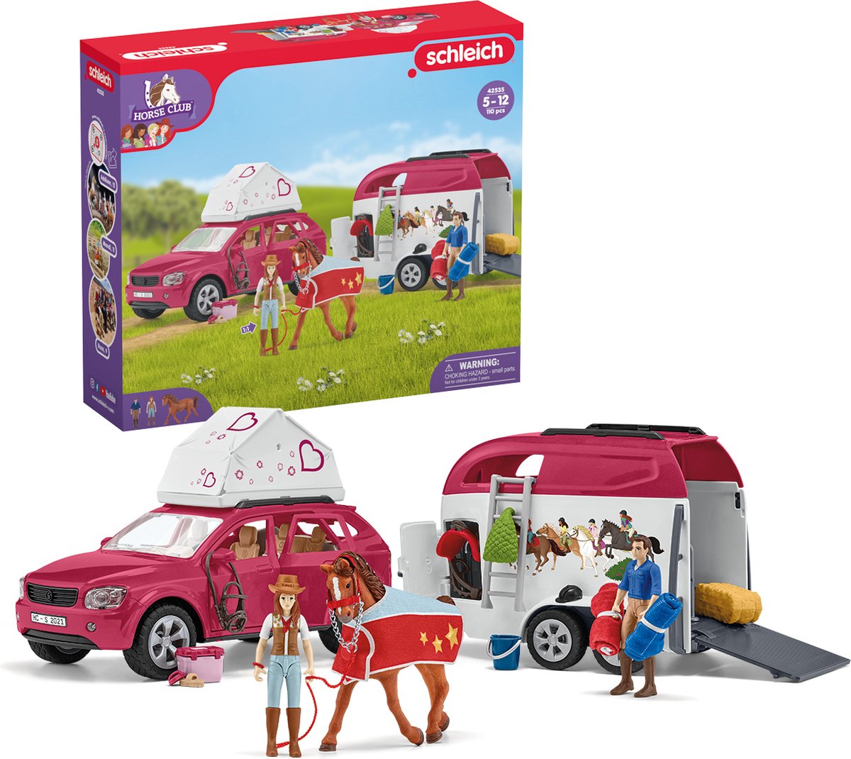Schleich Horse Club Play Figure Set - Aventure avec voiture et remorque à chevaux - Jouets pour enfants pour garçons et filles - 5 à 12 ans - 18 pièces - 42535
