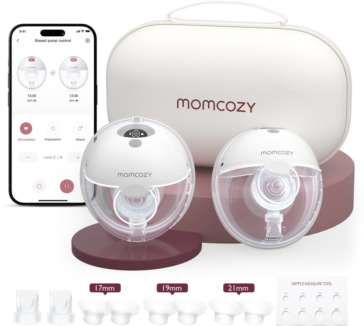 Momcozy m5 smart – tire-lait mains libres – 2 pièces – électrique – silencieux compact – avec inserts de téterelle – blanc gris