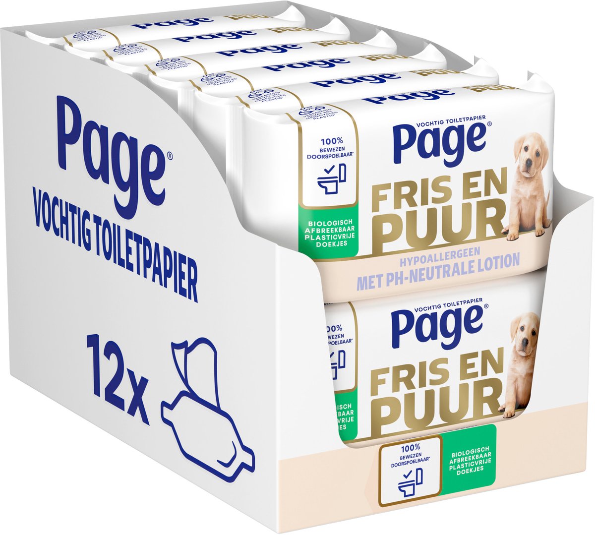 Papier toilette humide Page ® - frais et pur (pur) - hypoallergénique - 456 feuilles - 12 x 38 pièces - pack économique