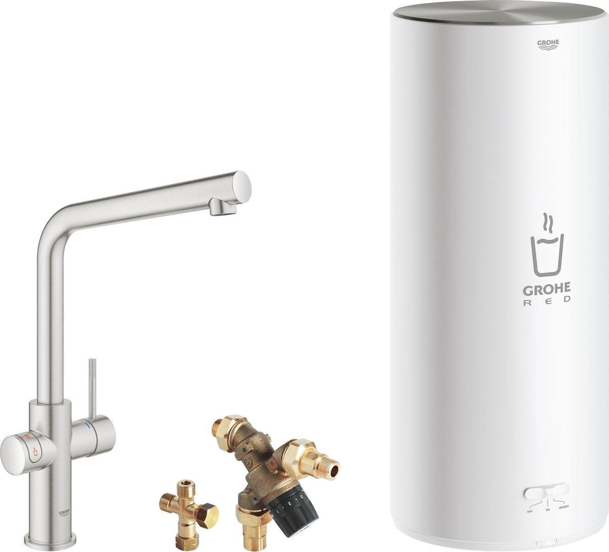 Robinet d'eau bouillante Grohe rouge 3en1 - bec en l - chaudière 7l - mitigeur - acier inoxydable (supersteel)