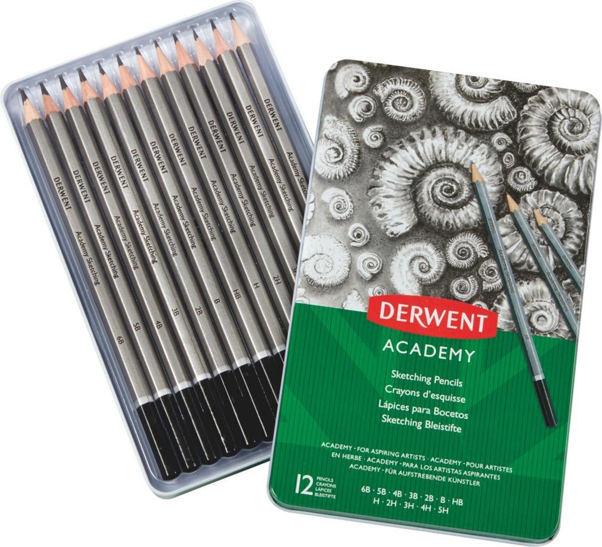 Crayons à dessin Derwent Academy 6b-5h en boîte - 12 crayons graphite en boîte - gris noir