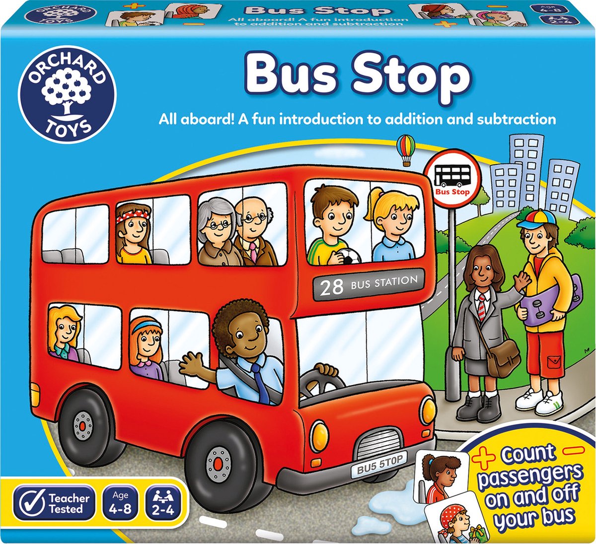 Jouets du verger - arrêt de bus - jeu de mathématiques avec bus - laissez monter et descendre les passagers - sommes d'addition et de soustraction - à partir de 4 ans